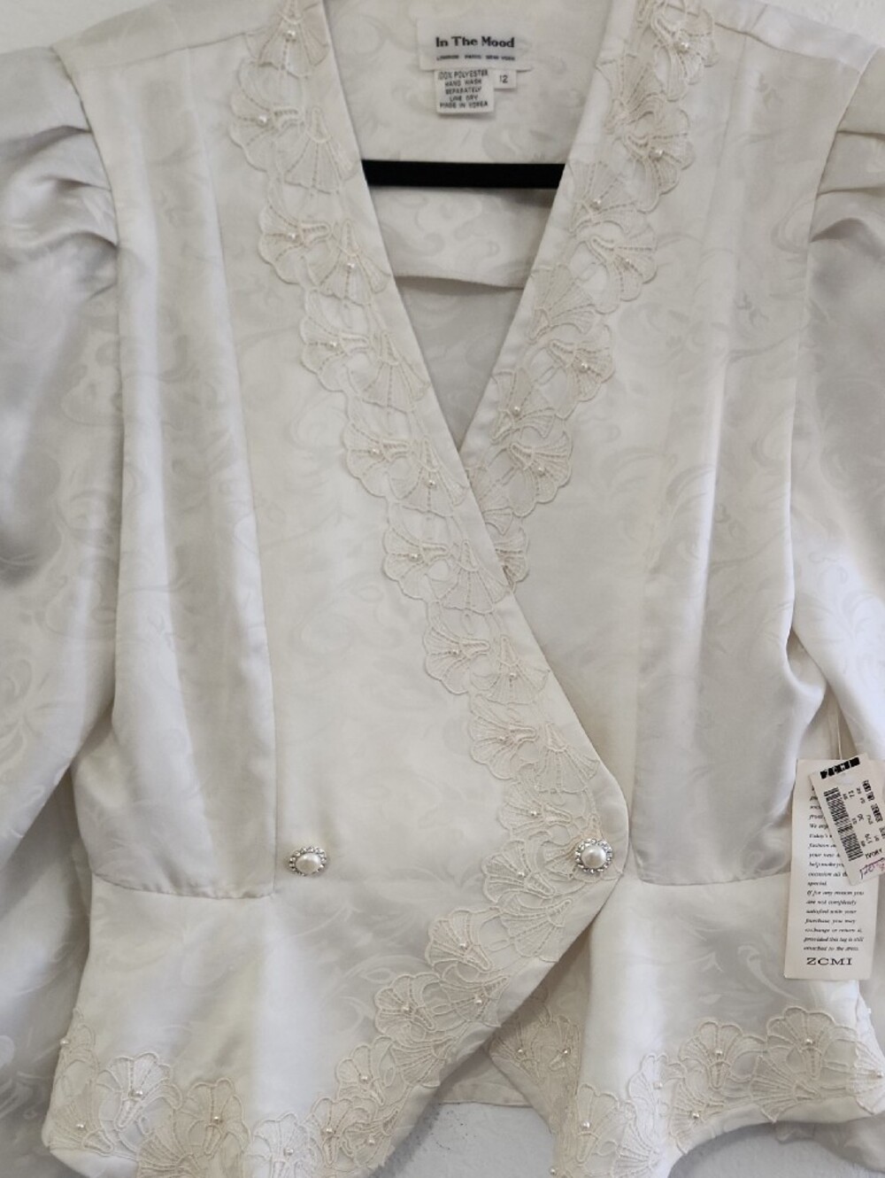 VTG 80s Bridal Ivory Pearl Wrap Peplum Blazer Jacket Size M - Picture 3 of 6